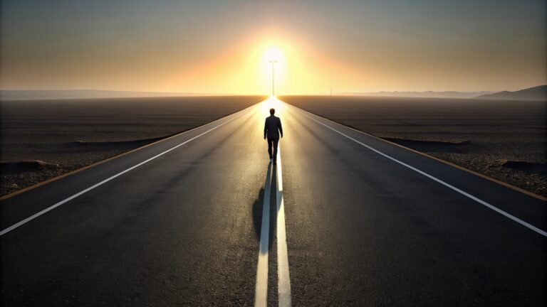 man-walks-down-road-towards-sun